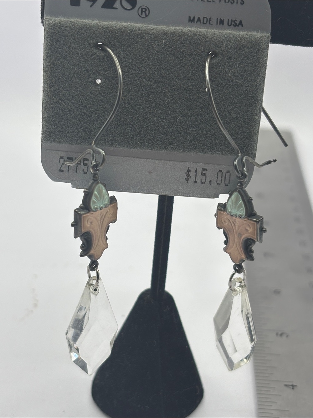 1928 Silver-Tone Earrings with Clear Drops and Mint Accents